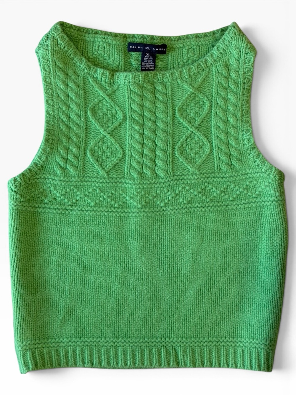 Ralph Lauren Kelly Green Cable Knit Wool Cashmere Sweater Vest XL Fits like M